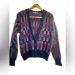 Lise J Vintage Mohair Blend Blue Purple Cardigan Geometric Eyelash Abstract Med.